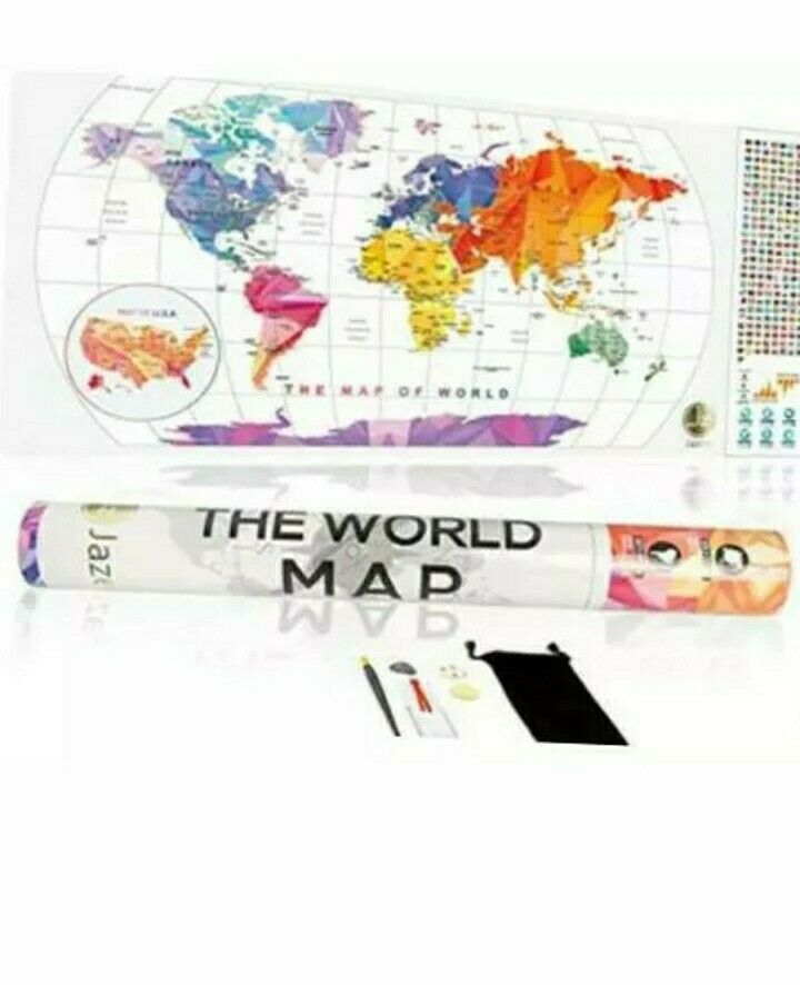 Jazee Tranparent Scratch Off Map Of The World - 36" X17"- Travel Scratch Off