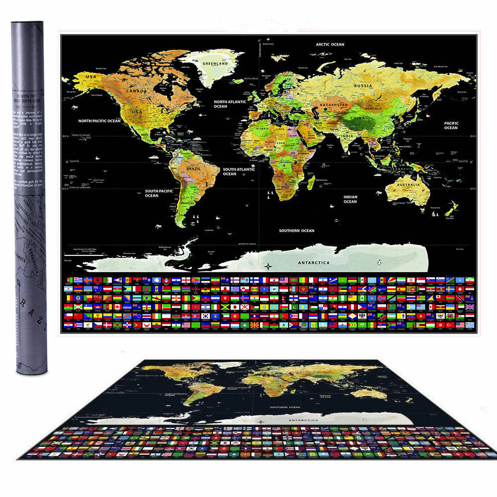 New Travel Tracker Big Scratch Off World Map Poster With Us States Country Flags