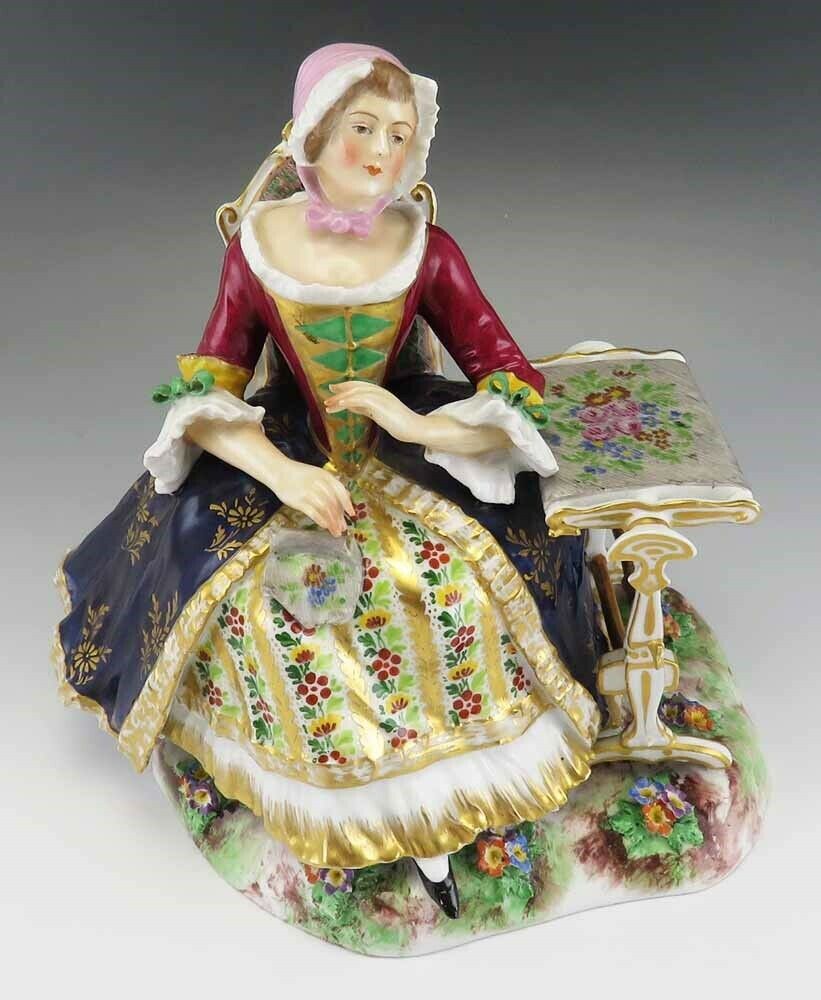 Great 1800s French Porcelain Figurine Seamstress Woman Embroidery Table