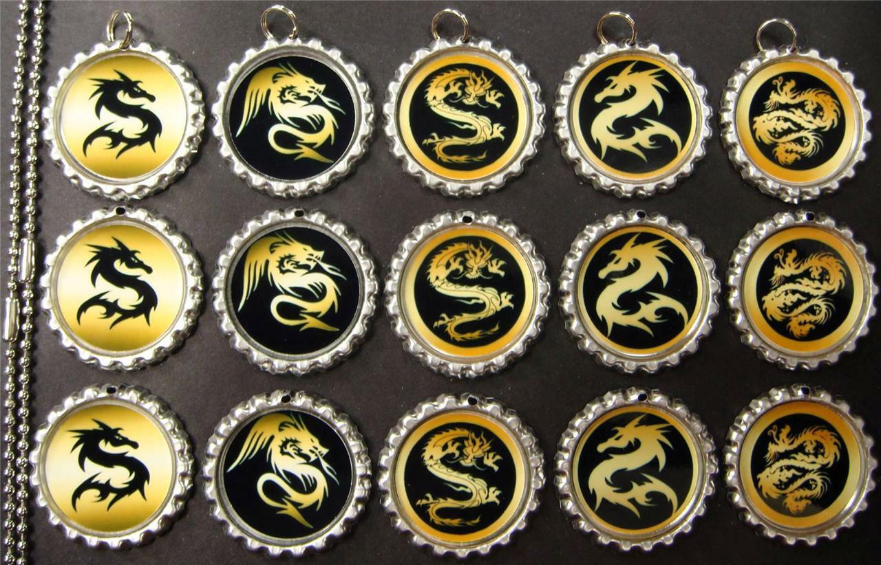 15 Special Assorted Dragon Silver Flat Bottle Cap Necklaces Set 01
