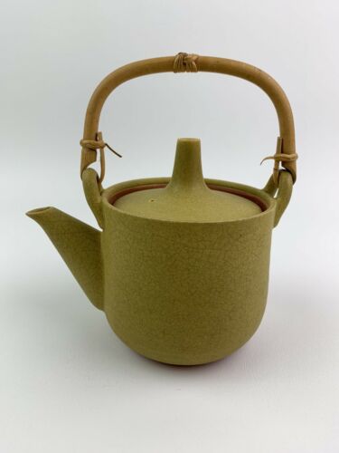 Japanese Green Red Clay Pottery Teapot Bamboo Handle With Crazing 4 1/2" Tall