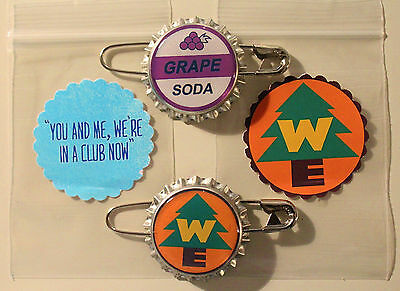 Set Of 2 We & Ellie Badge Grape Soda Bottlecap Pins! Up & 2 Sticker Gift Bags