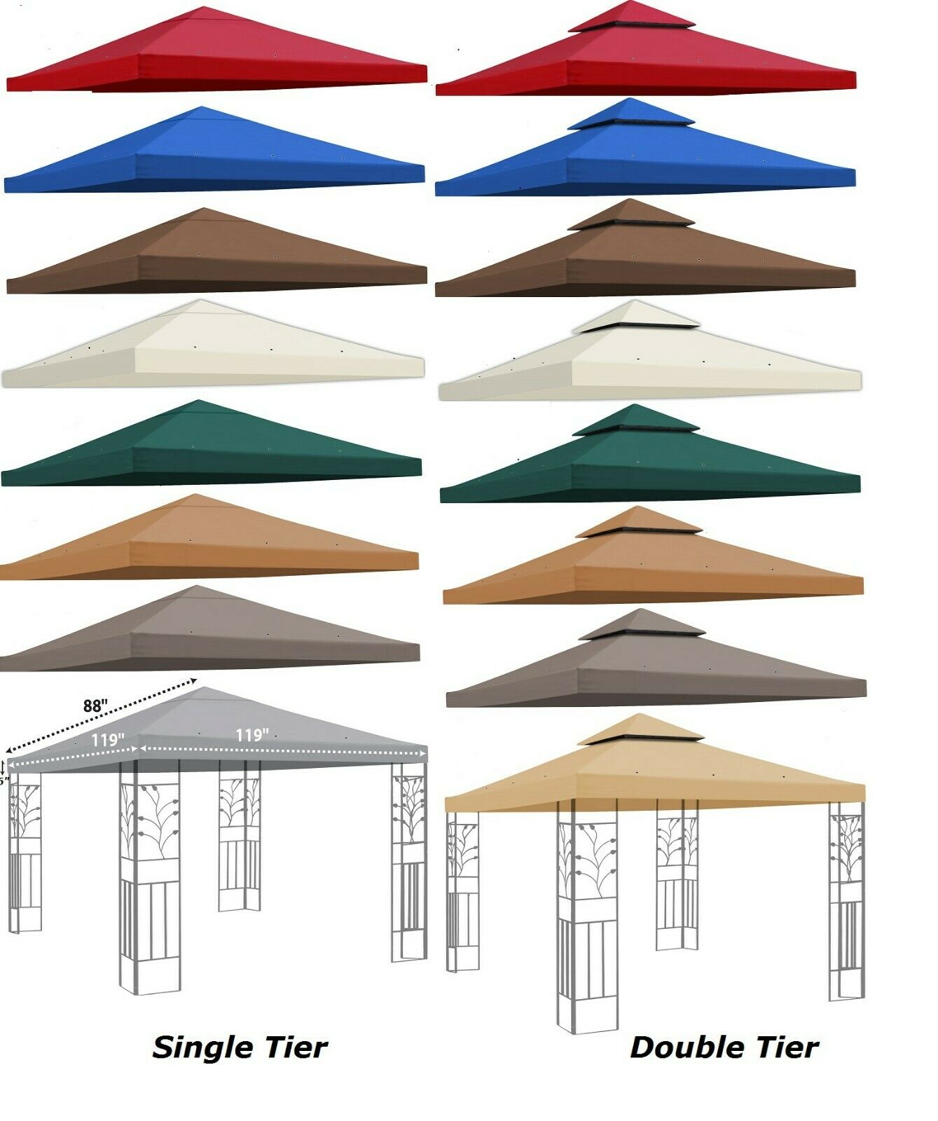 8x8' 10x10' Gazebo Canopy Replacement Patio Outdoor Top Cover Single Double Tier