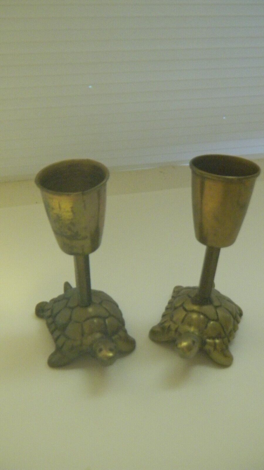 Vintage Pair Of Brass Thimble Holders Figural Turtles Candle Holders