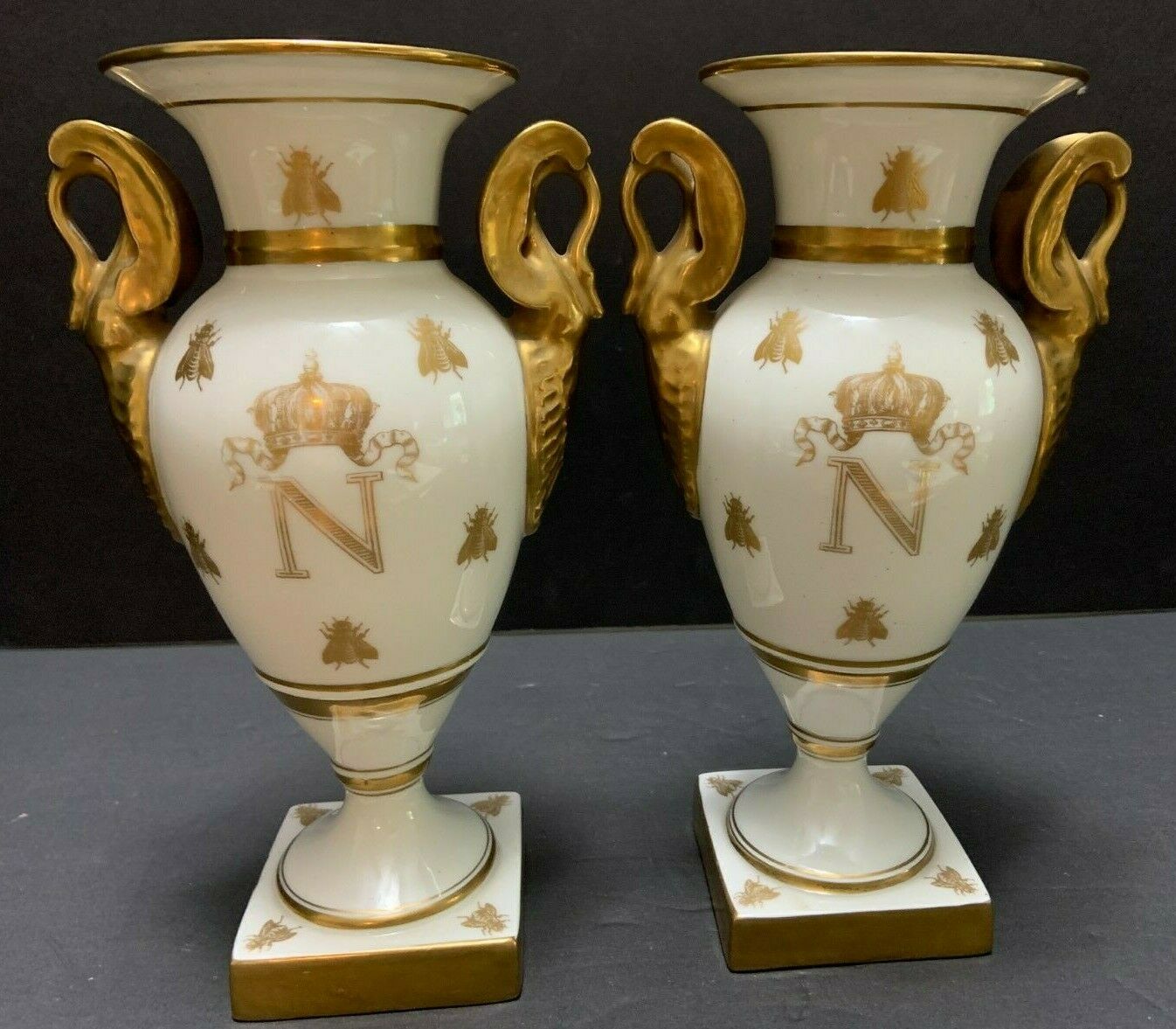 Pr 9" Napoleon Swan Handle Bolted Porcelain Urns Bee Eagle Wreath Motifs Vintage