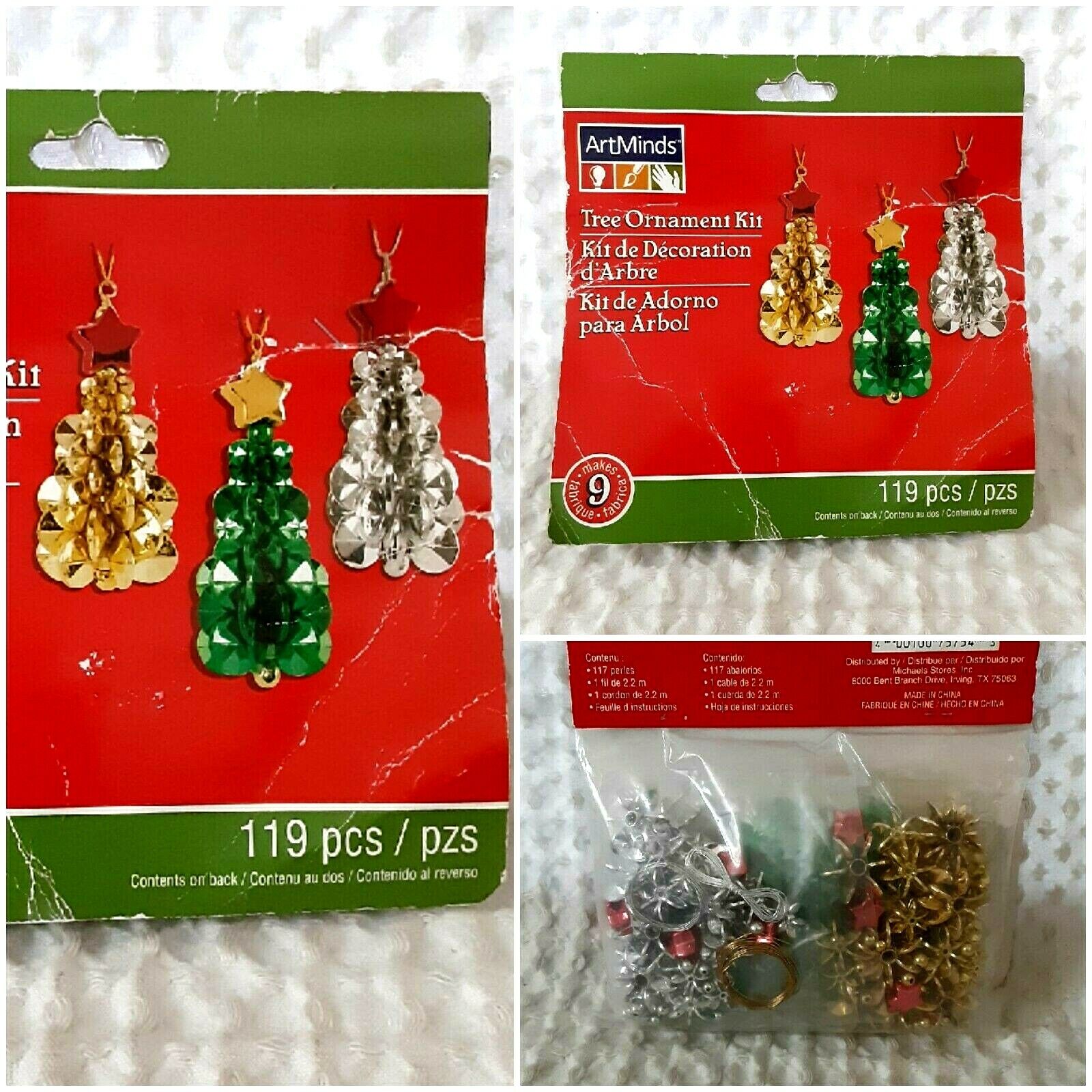 Artminds Bead Kit Nine Tree Ornaments 9 Gold Silver Green 119 Pieces Sealed