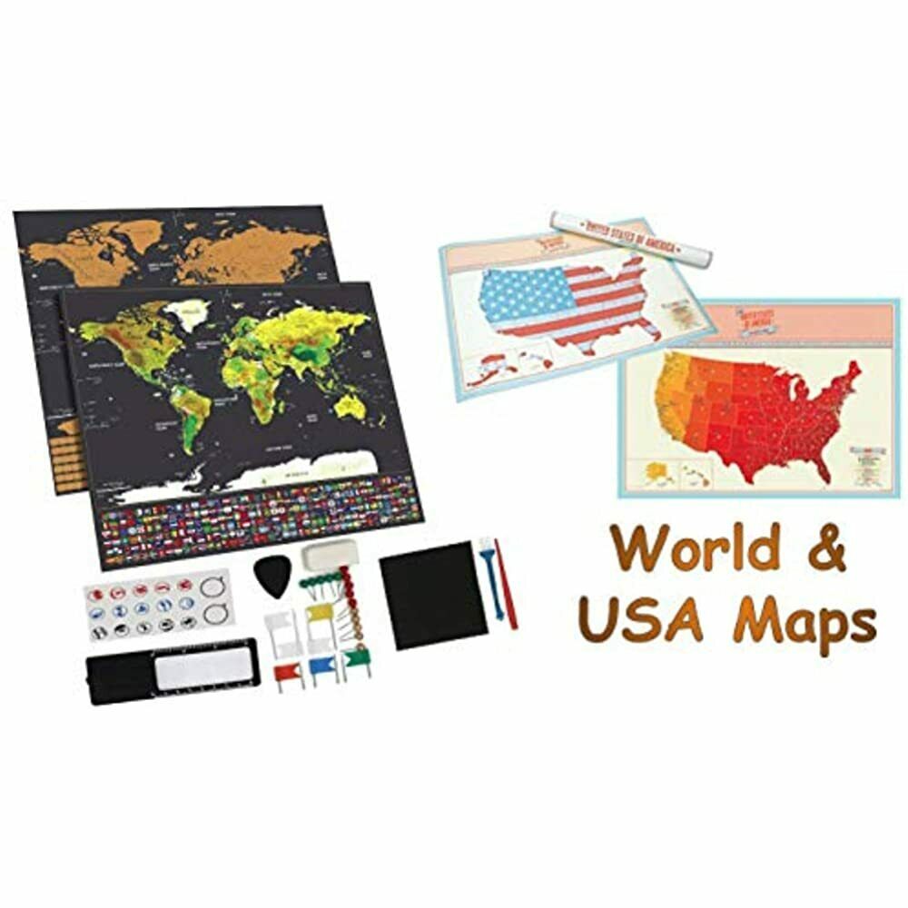 Scratch Off Maps 2 Posters World And Us Full Accessories Set Scratcher Brush Art