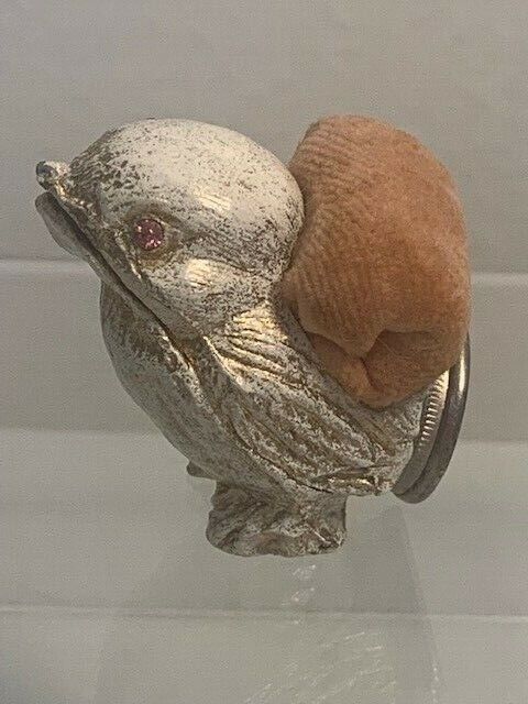 Vintage Thimble Holder Figural Bird Pin Cushion Metal Crystal Eyes
