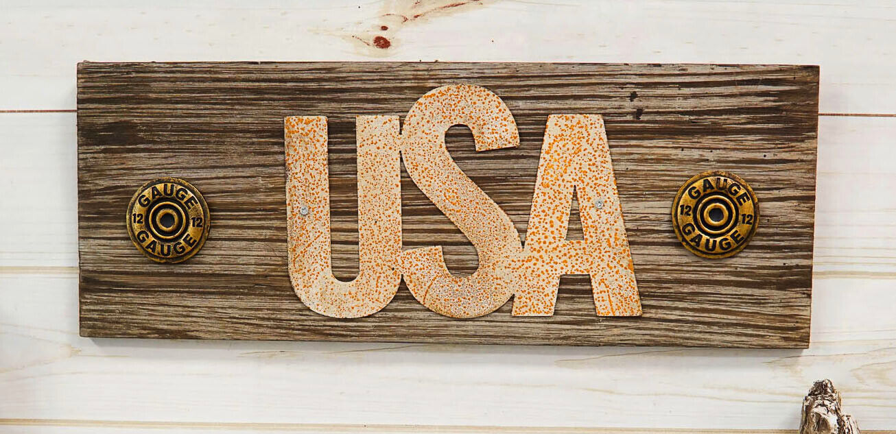 Rustic Western Patriotic Usa Wooden Word Sign With Shotgun Shells Wall Decor
