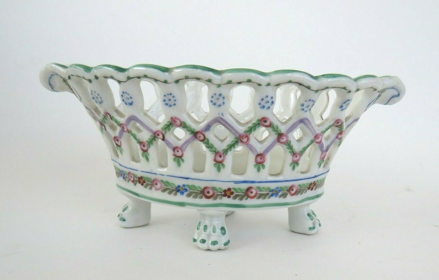 Antique Gustav Stulz Pierced Paw Footed Basket Hand Painted Roses France