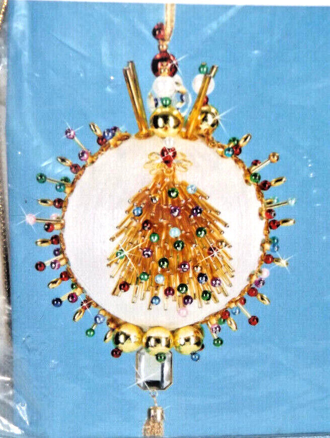 Vintage Herrschners Golden Christmas Tree Bead Sequin Christmas Ornament Kit