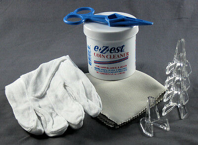 Coin Cleaning Kit With E-zest, Kointongs, Microfiber Cloth, Gloves & 5 Easels