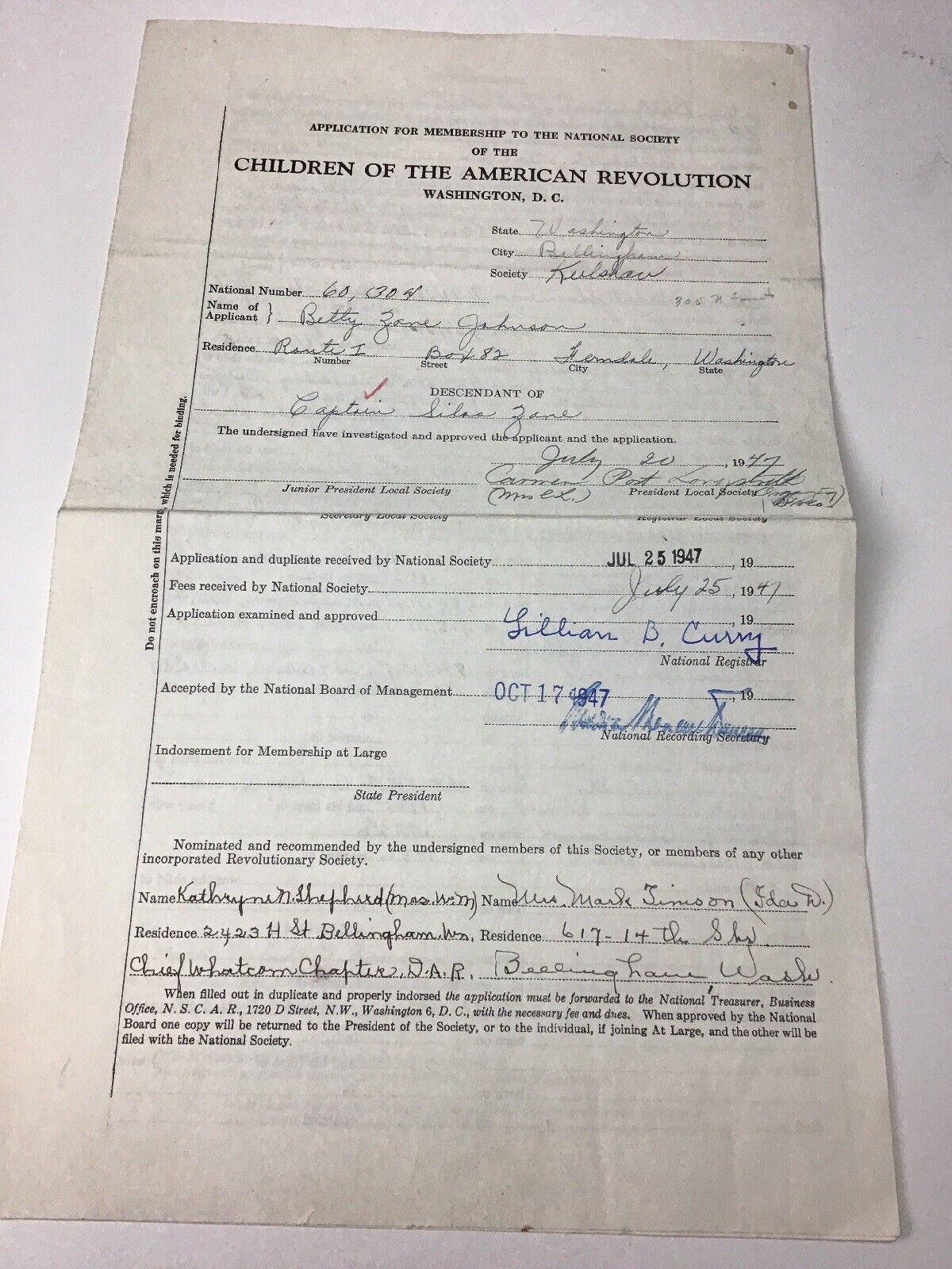 Application For Membership Children, Daughters Of American Revolution 1947 Zane