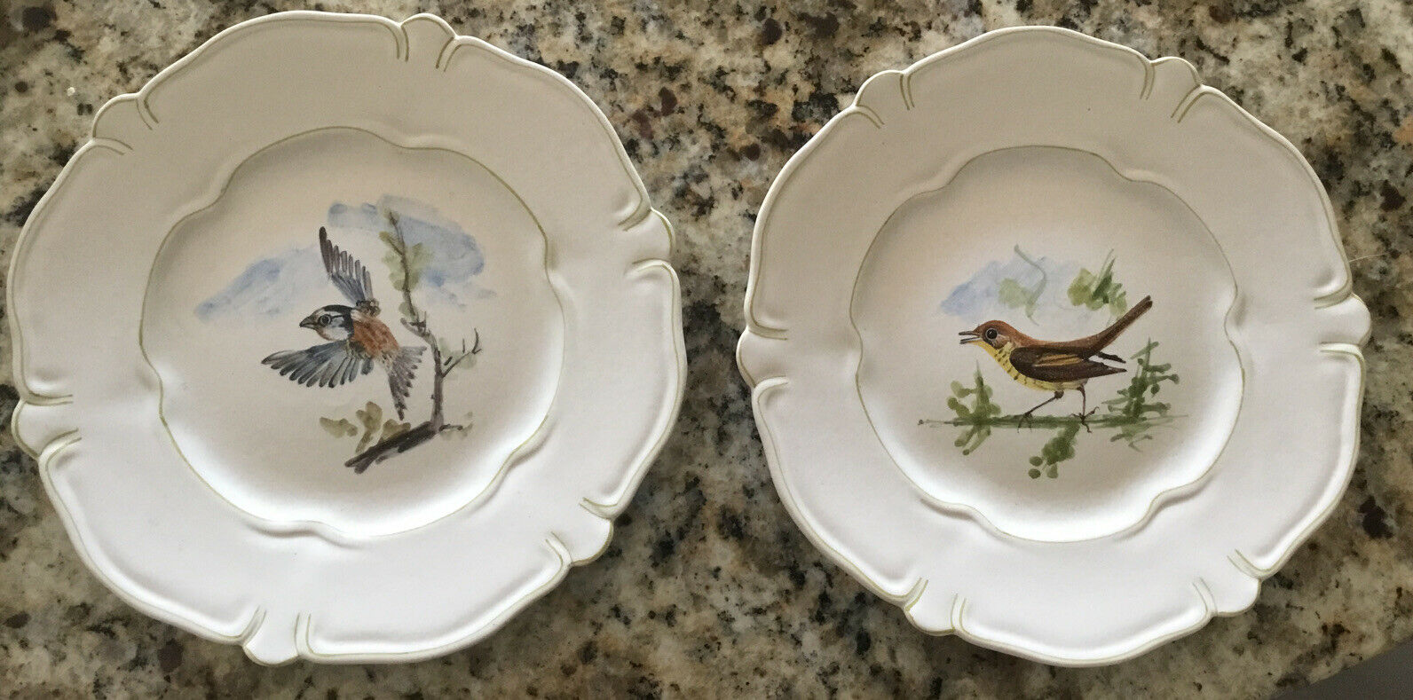 2 Guillot France Matte Hand Painted 7 3/4" Bird Plates Nightingale Goldfinch