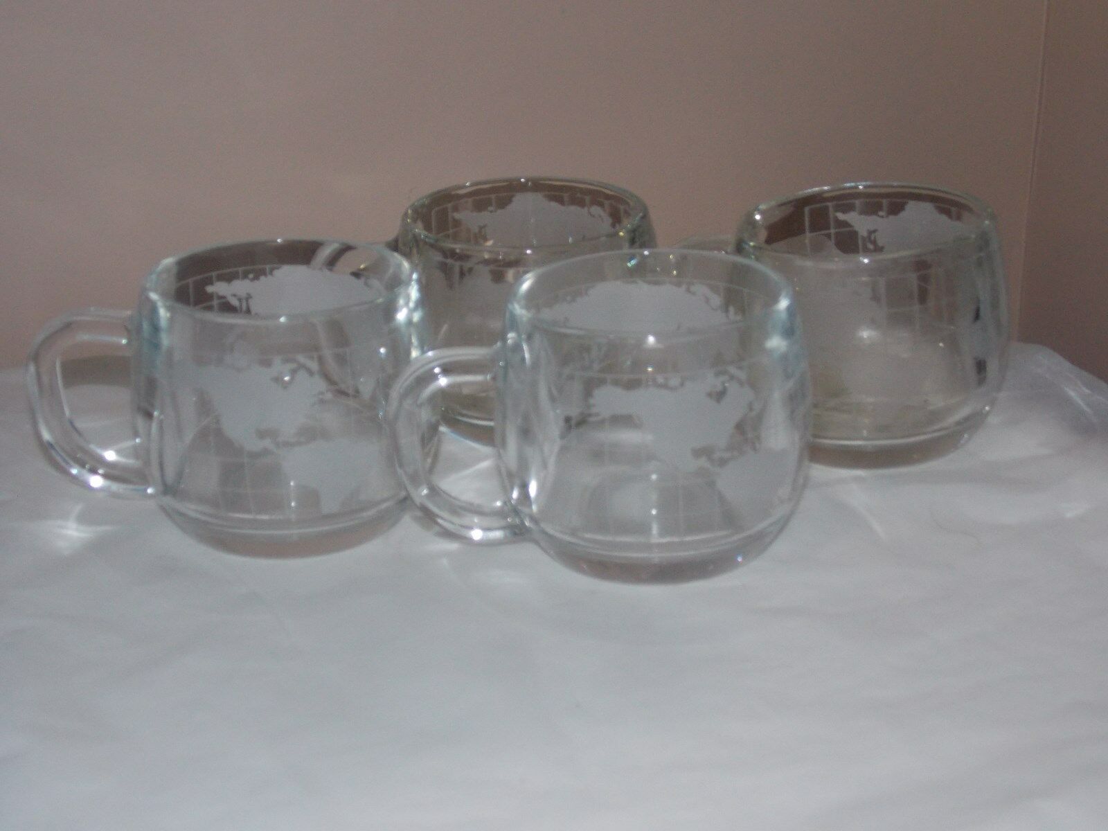 Vintage Nestle Earth Globe World Etched Clear Glass 4 Mugs