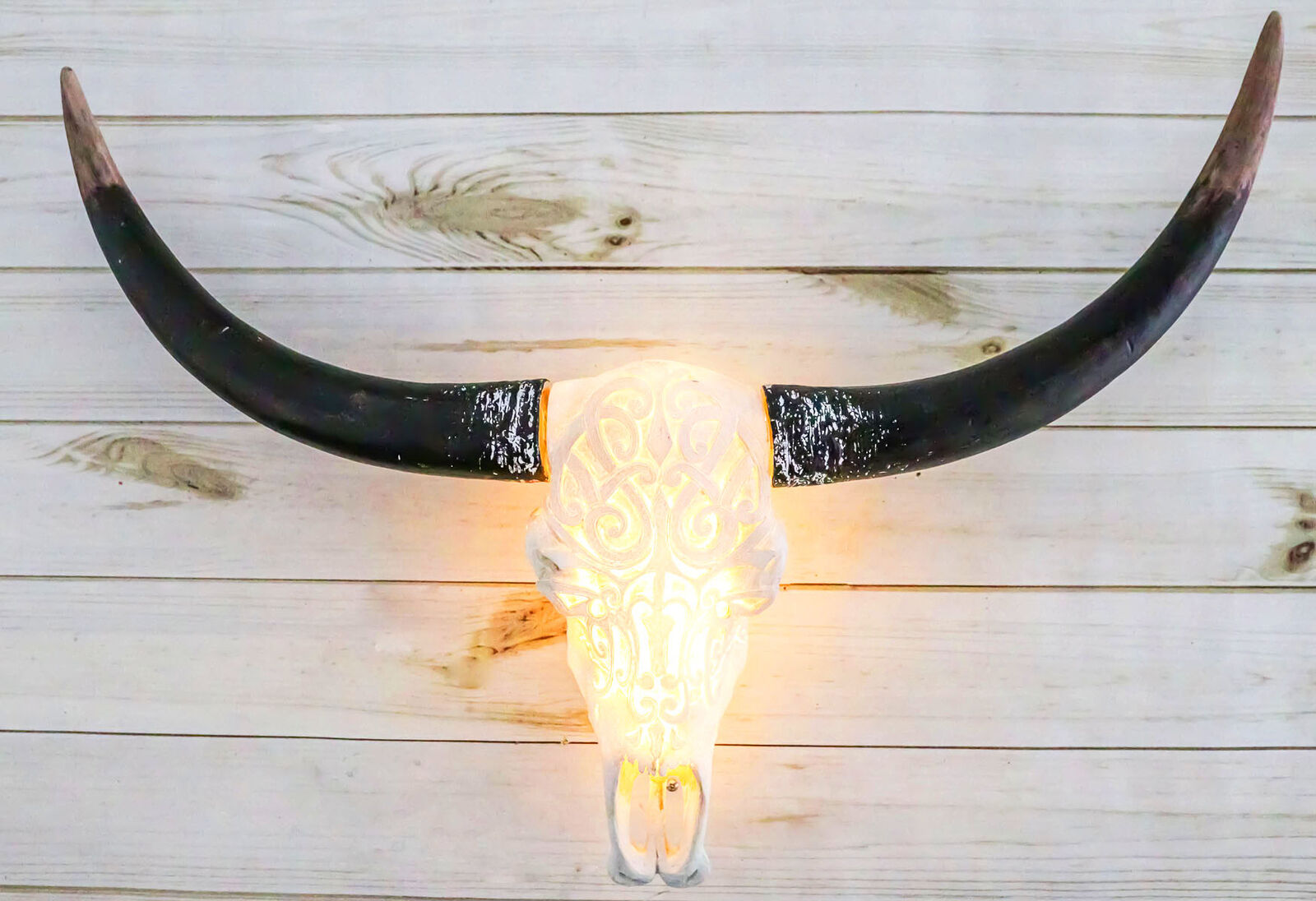 Western Tooled Filigree Longhorn Steer Cow Aged Bone Skull Led Light Wall Decor
