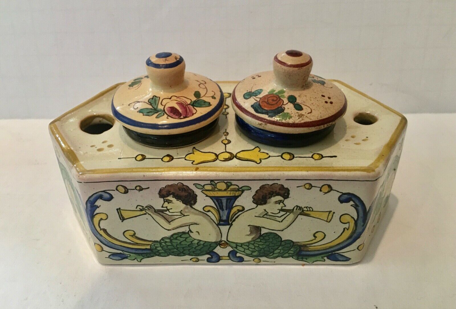 Moustiers French Faience Earthenware Inkwell Mermen Florals Xlnt
