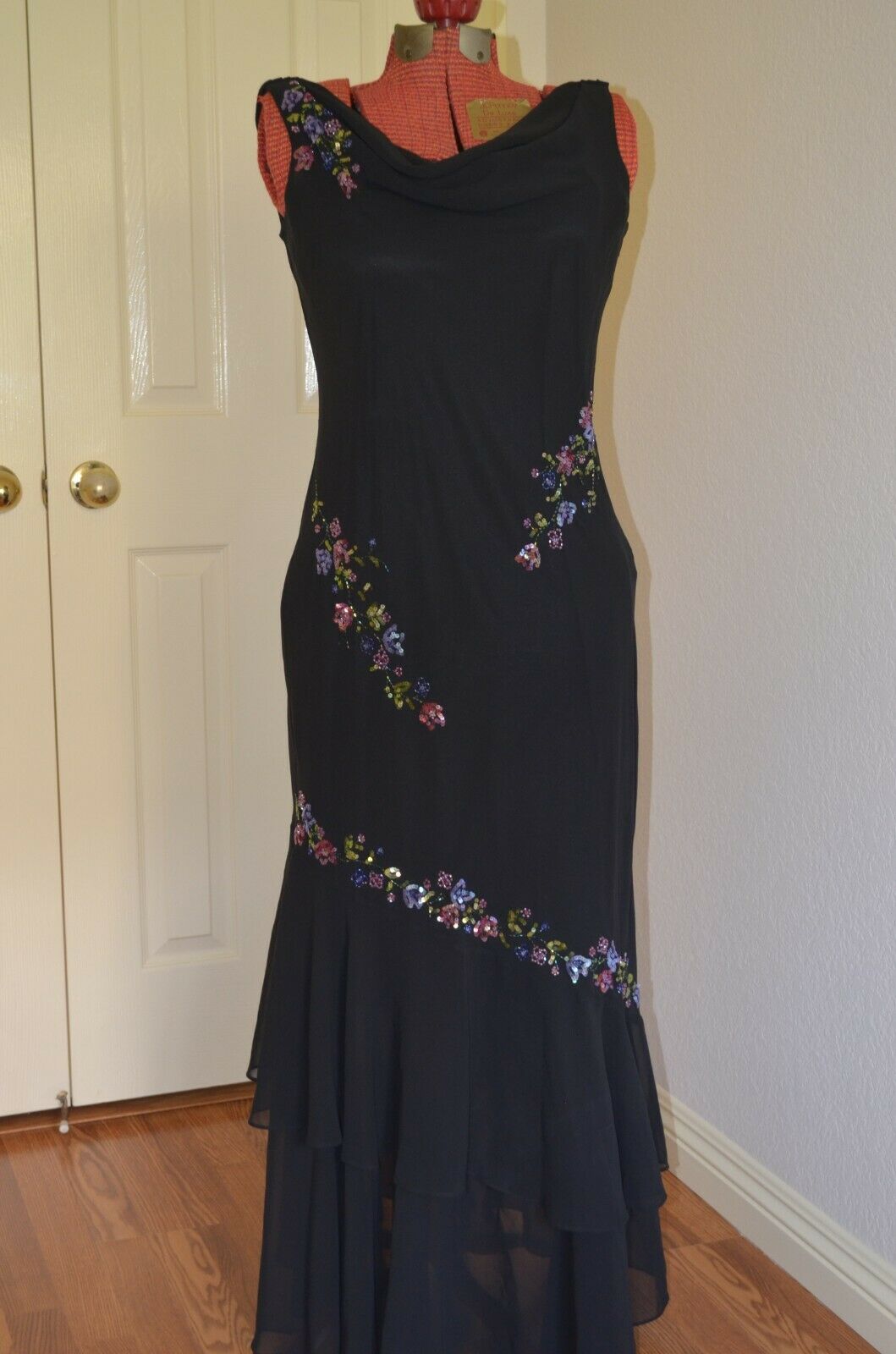 Gorgeous Elegant Black Ball Room Full Length Gown Beaded With Plunging Neckline