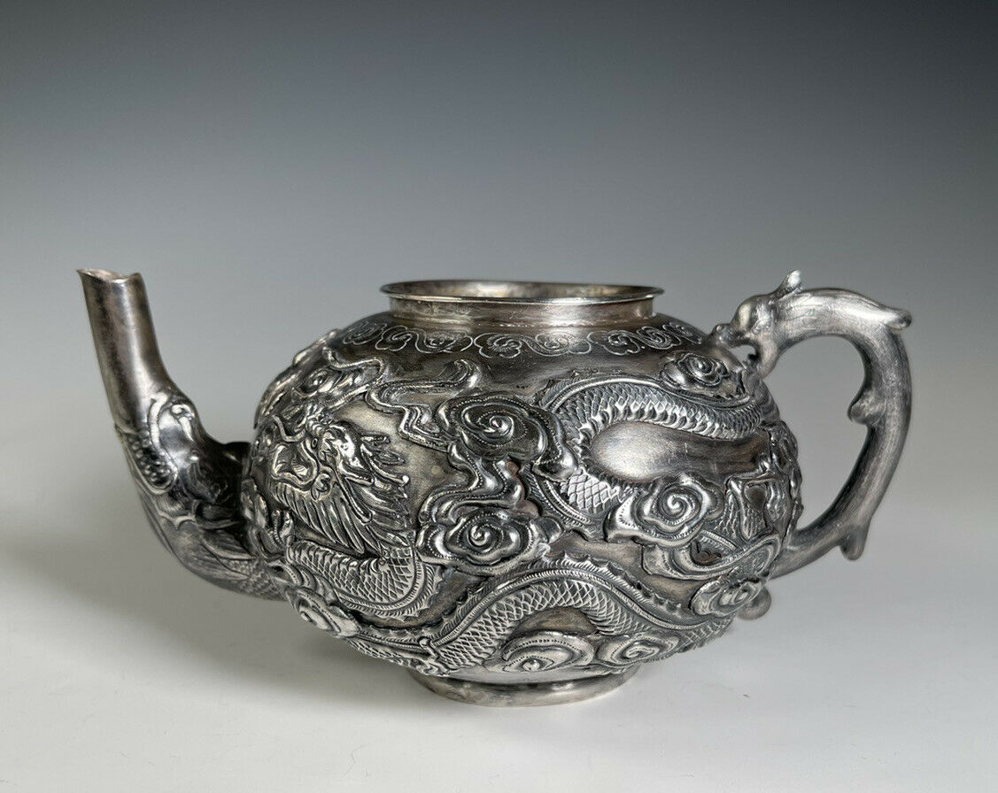Antique Chinese Silver Teapot With Dragons And Clouds Marked 293 Grams