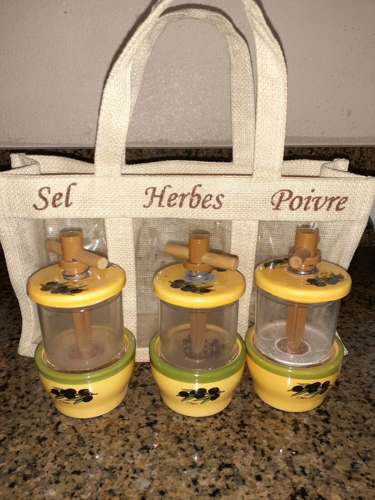 French Sel Herbes Poivre Herbal Grinder Set Olive Design Ceramic & Plastic